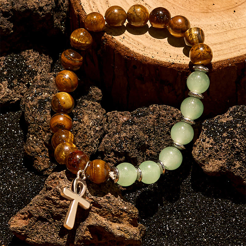 Bracelet pendentif croix en perles d'aventurine verte et œil de tigre Olivenorma