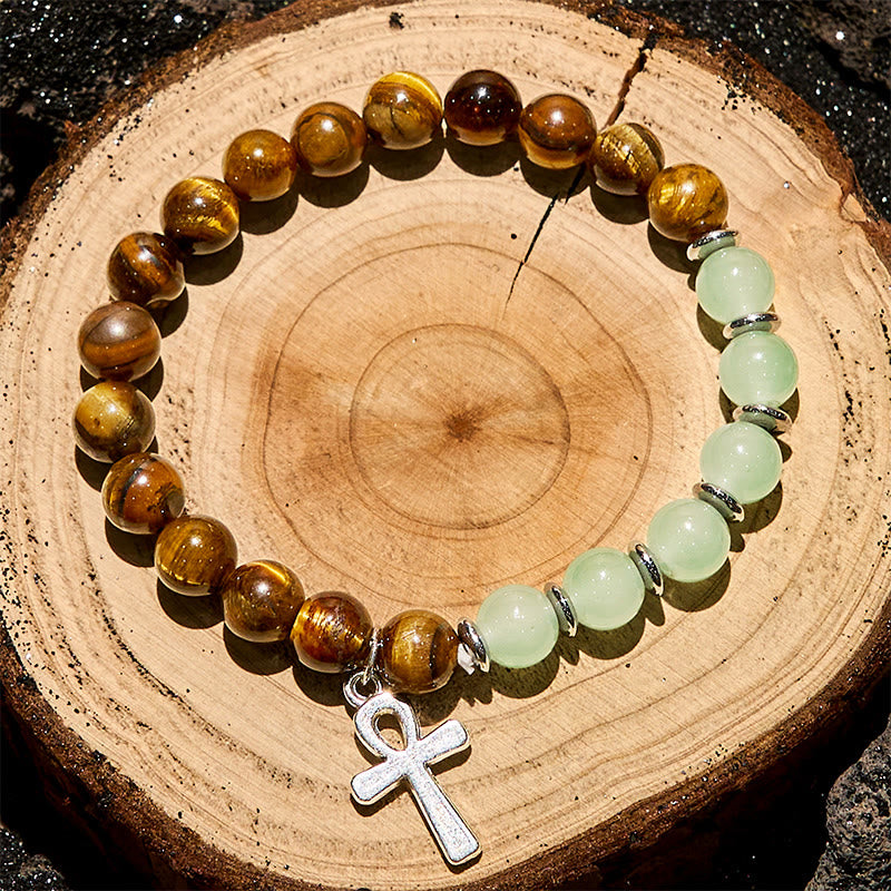 Bracelet pendentif croix en perles d'aventurine verte et œil de tigre Olivenorma