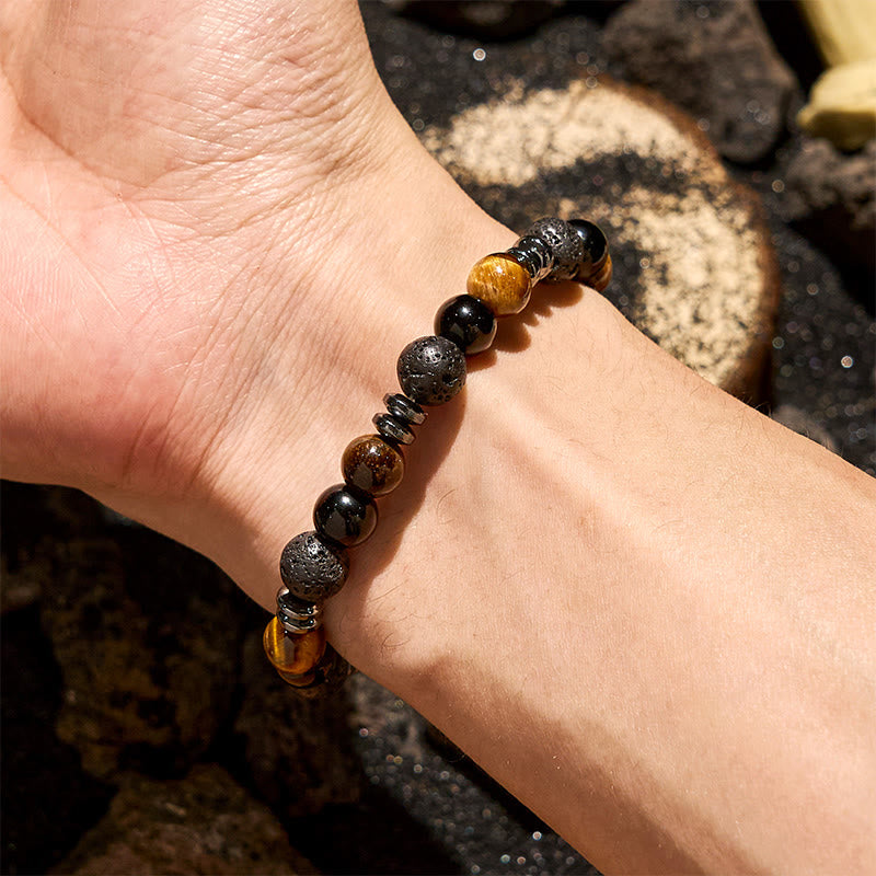 Bracelet de perles en rouleau Olivenorma , œil de tigre, obsidienne et hématite