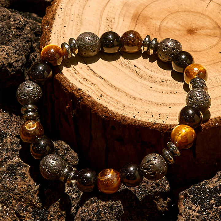 Bracelet de perles en rouleau Olivenorma , œil de tigre, obsidienne et hématite