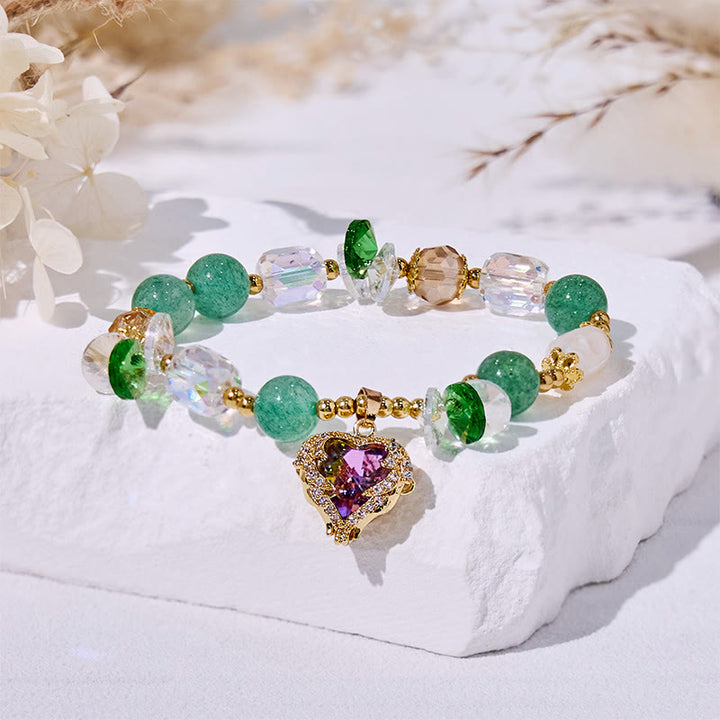 Bracelet pendentif cœur en aventurine verte et verre transparent Olivenorma