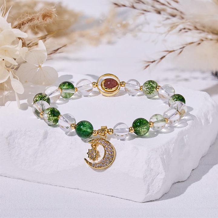 Bracelet pendentif lune en perles de quartz fantôme vert Olivenorma