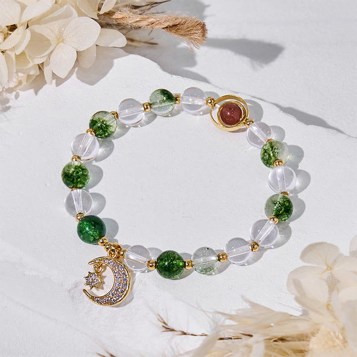 Bracelet pendentif lune en perles de quartz fantôme vert Olivenorma