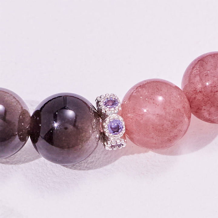 Bracelet de perles en obsidienne argentée et quartz fraise Olivenorma
