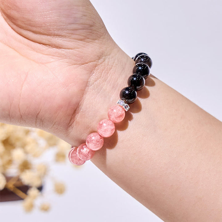Bracelet de perles en obsidienne argentée et quartz fraise Olivenorma