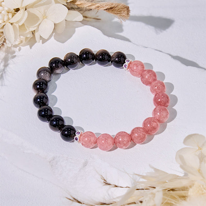 Bracelet de perles en obsidienne argentée et quartz fraise Olivenorma