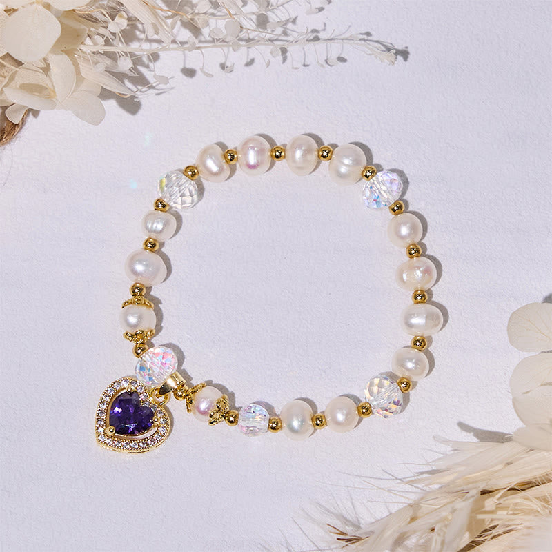 Bracelet pendentif en perles d'eau douce et améthyste en forme de cœur Olivenorma