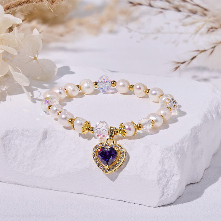 Bracelet pendentif en perles d'eau douce et améthyste en forme de cœur Olivenorma