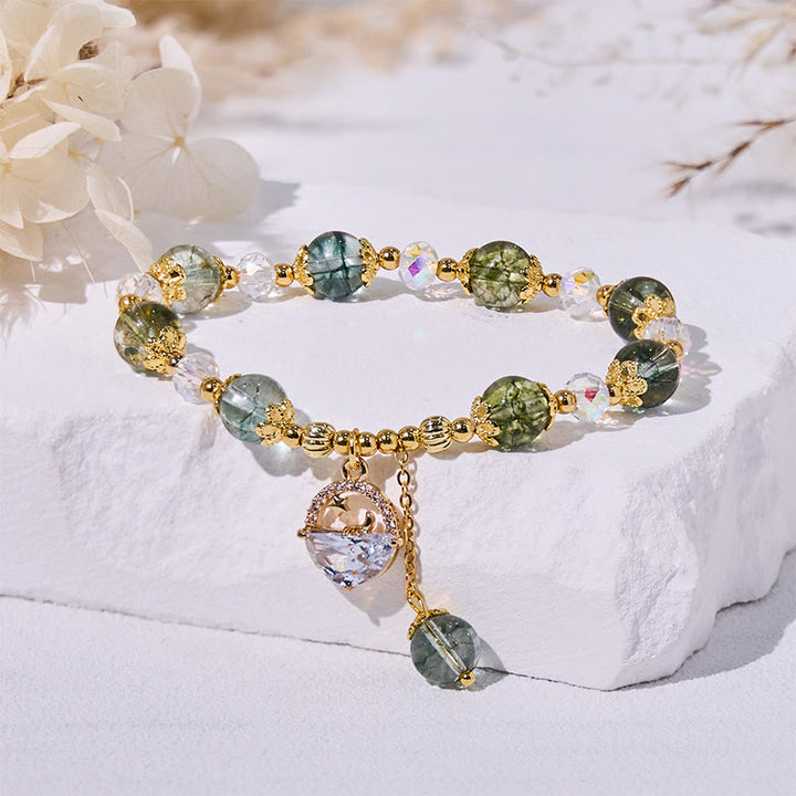Bracelet Olivenorma en perles de verre transparent et quartz fantôme vert