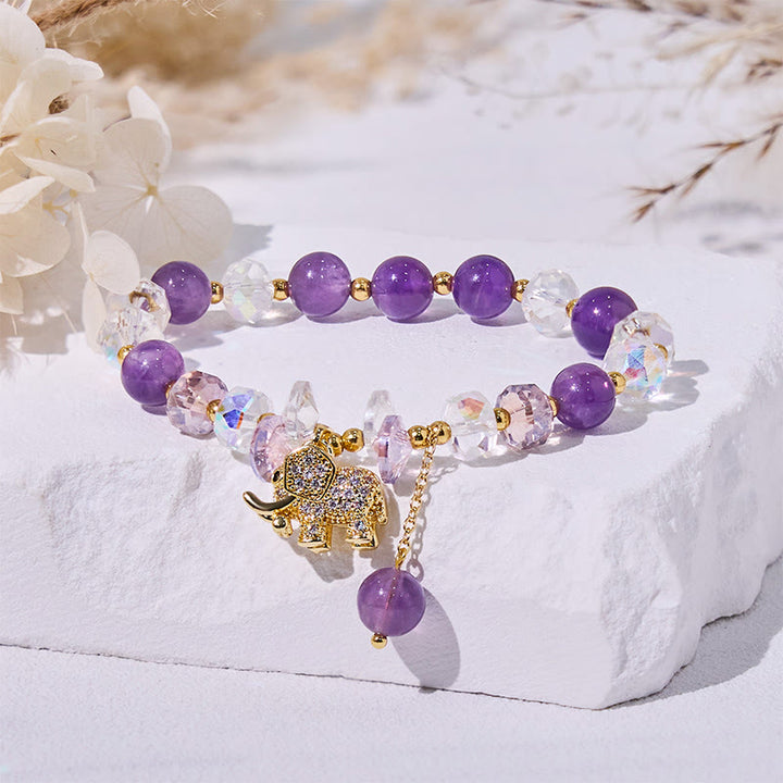 Bracelet pendentif éléphant en perles de verre transparent améthyste Olivenorma