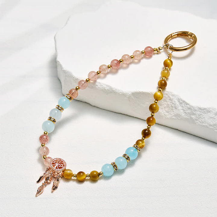 Porte-clés en cristal Olivenorma œil de tigre et quartz fraise, dragonne pour téléphone - Œil de tigre et quartz fraise - image 0