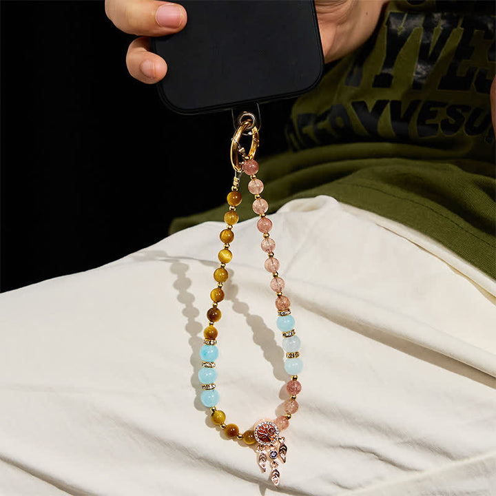 Porte-clés en cristal Olivenorma œil de tigre et quartz fraise, dragonne pour téléphone - image 1