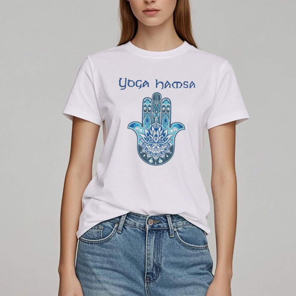 T-shirt confort imprimé Hamsa Yoga bleu Olivenorma