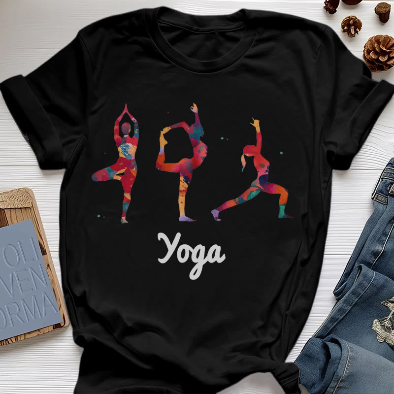 T-shirt imprimé coloré pour femme avec postures de yoga Olivenorma - Noir - 2XL - image 3