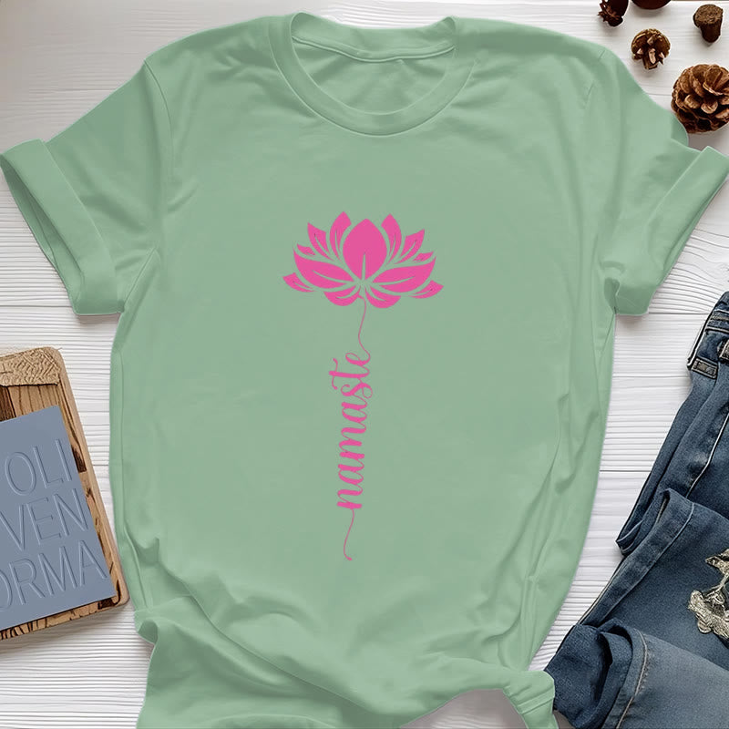 Olivenorma Namaste Lotus Yoga T-shirt en coton - Vert clair - 2XL - image 2