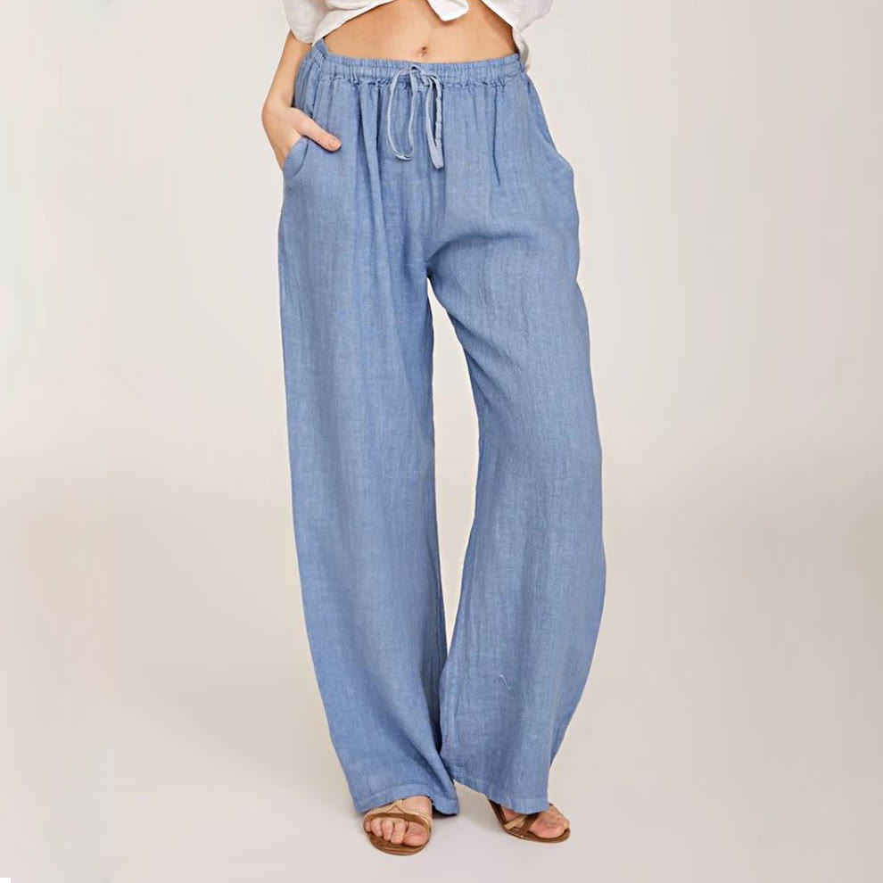 Pantalon large en coton et lin Olivenorma pour femme - Bleu clair - 3XL - image 0