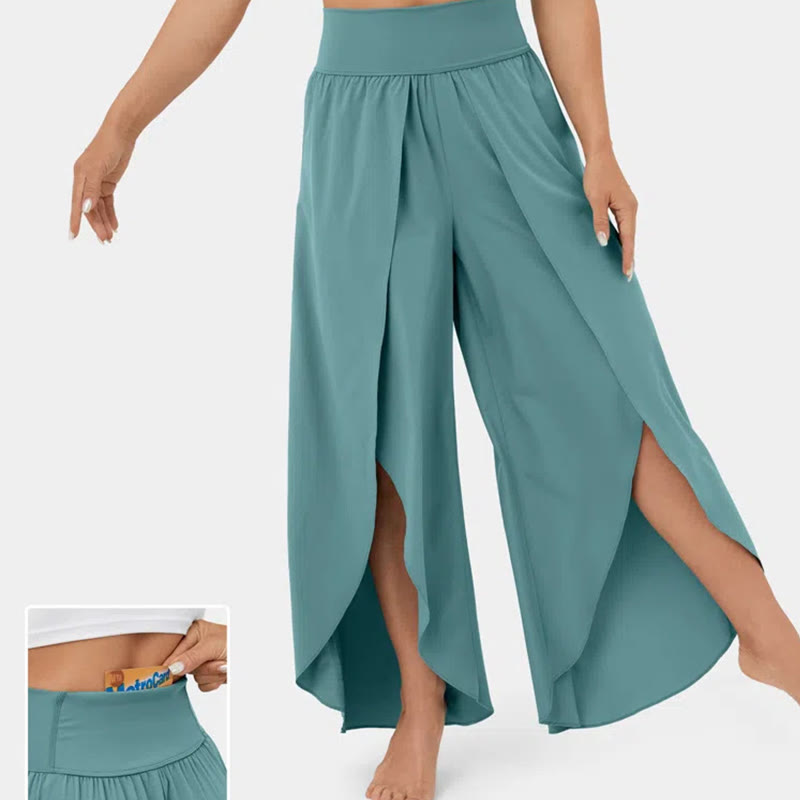 Pantalon de yoga Olivenorma pour femme, coupe ample, fente, jambes évasées, taille élastique, confortable, souple et élégant - Vert paon - 3XL - image 0