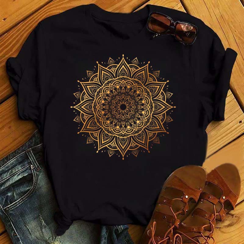 T-shirt noir à imprimé géométrique coloré de lotus Olivenorma