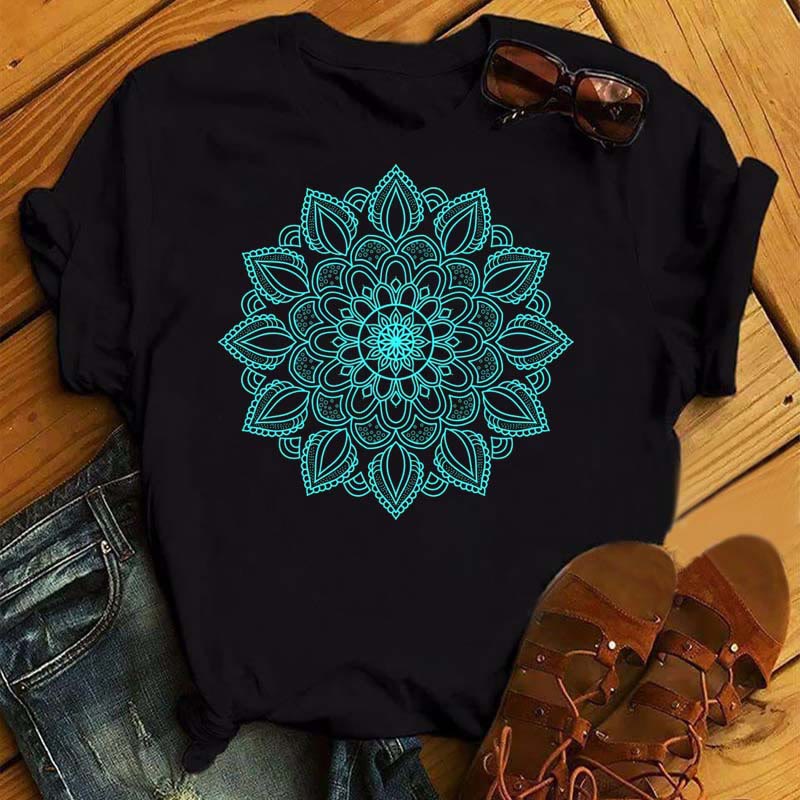 T-shirt noir à imprimé géométrique coloré de lotus Olivenorma - Lotus bleu - 2XL - image 4
