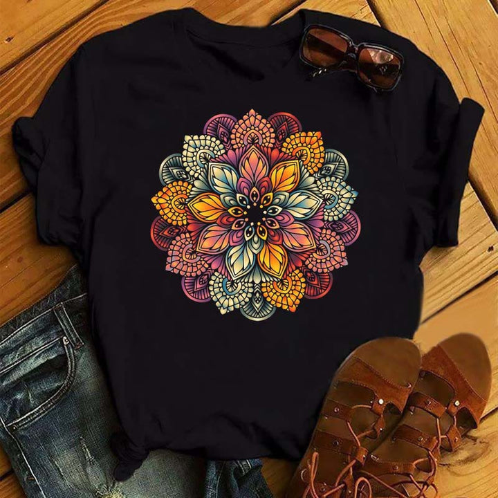 T-shirt noir à imprimé géométrique coloré de lotus Olivenorma