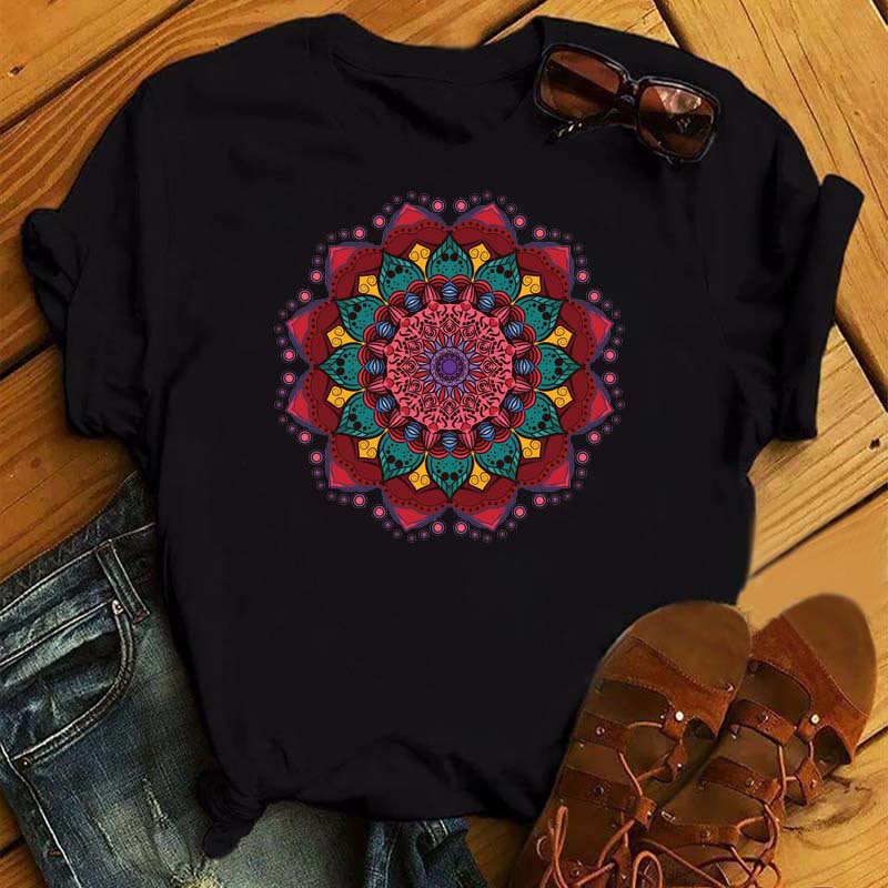 T-shirt noir à imprimé géométrique coloré de lotus Olivenorma