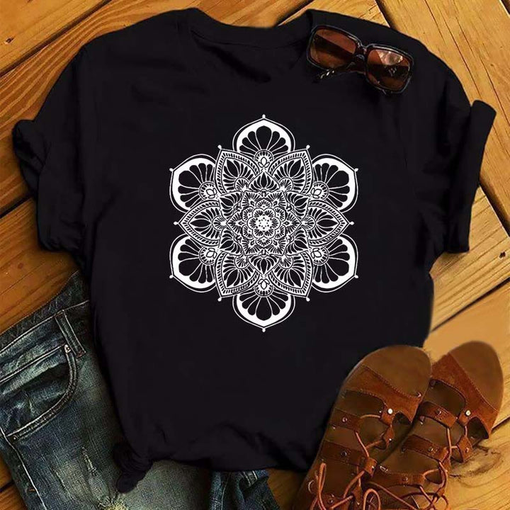 T-shirt noir à imprimé géométrique coloré de lotus Olivenorma