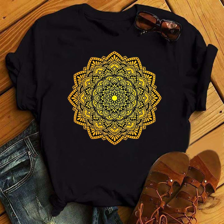 T-shirt noir à imprimé géométrique coloré de lotus Olivenorma