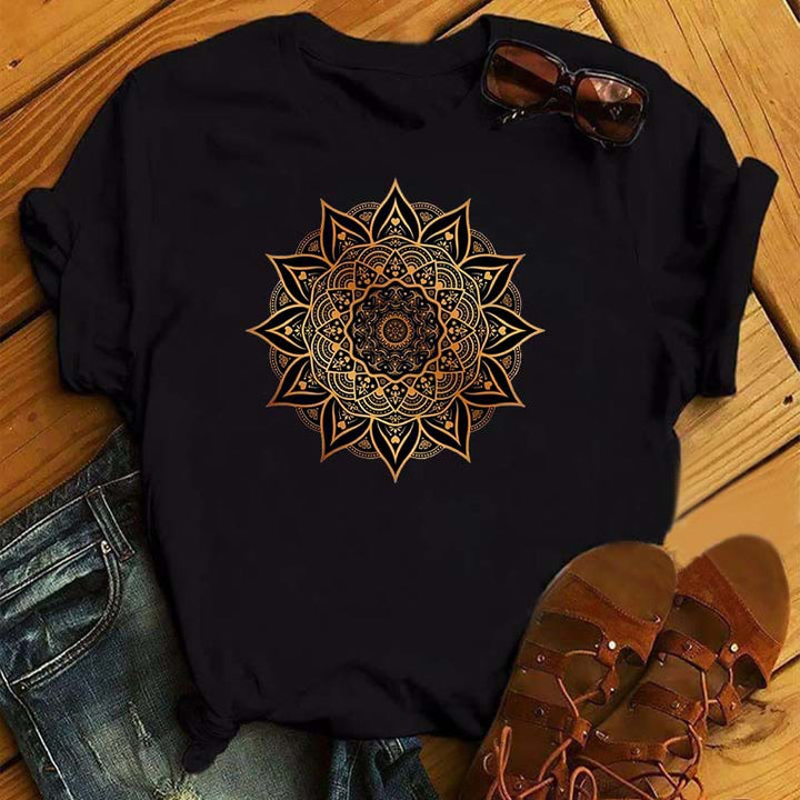 T-shirt noir à imprimé géométrique coloré de lotus Olivenorma