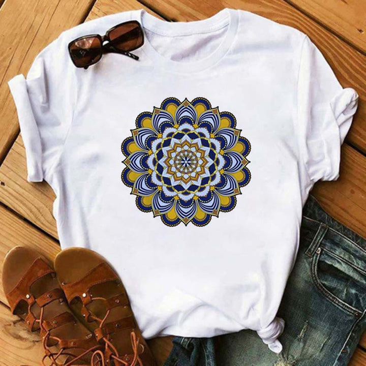 T-shirt blanc imprimé lotus géométrique coloré Olivenorma - Lotus jaune et bleu - 2XL - image 4