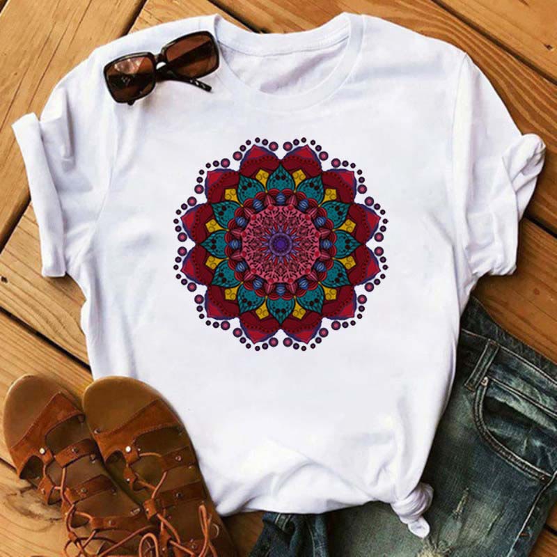 T-shirt blanc imprimé lotus géométrique coloré Olivenorma - Rose et lotus rouge - 2XL - image 6