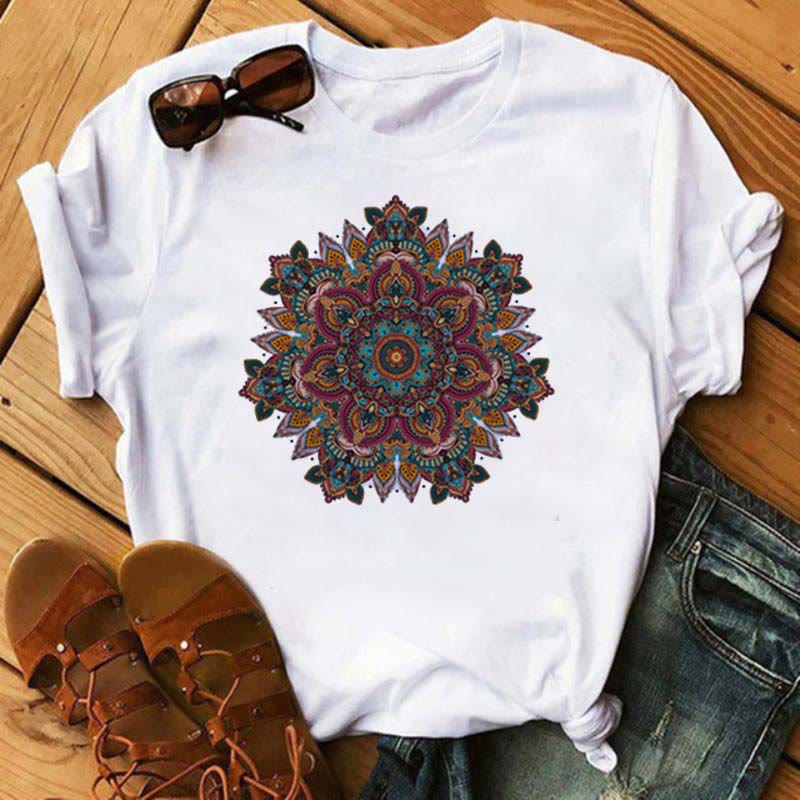 T-shirt blanc imprimé lotus géométrique coloré Olivenorma - Lotus violet et vert - 2XL - image 1
