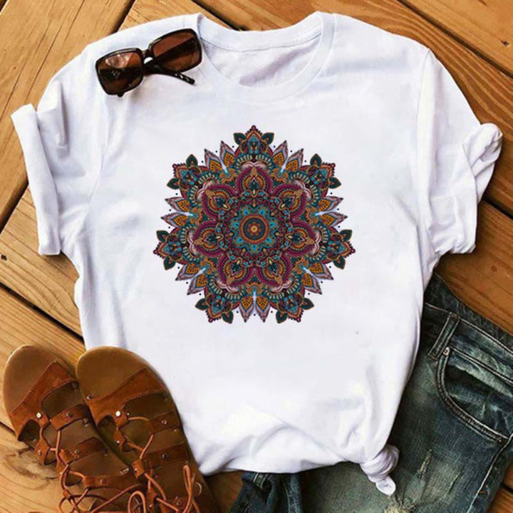 T-shirt blanc imprimé lotus géométrique coloré Olivenorma - Lotus violet et vert - 2XL - image 1