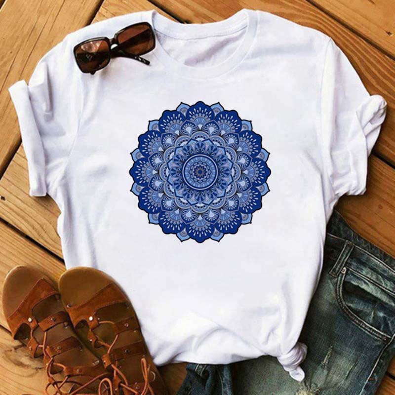 T-shirt blanc imprimé lotus géométrique coloré Olivenorma - Lotus bleu n°3 - 2XL - image 9