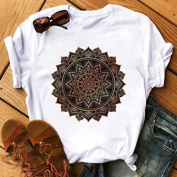 T-shirt blanc imprimé lotus géométrique coloré Olivenorma