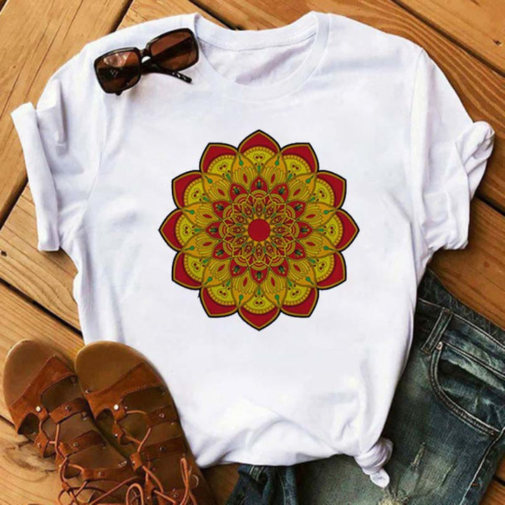 T-shirt blanc imprimé lotus géométrique coloré Olivenorma - Lotus jaune et rouge - 2XL - image 2