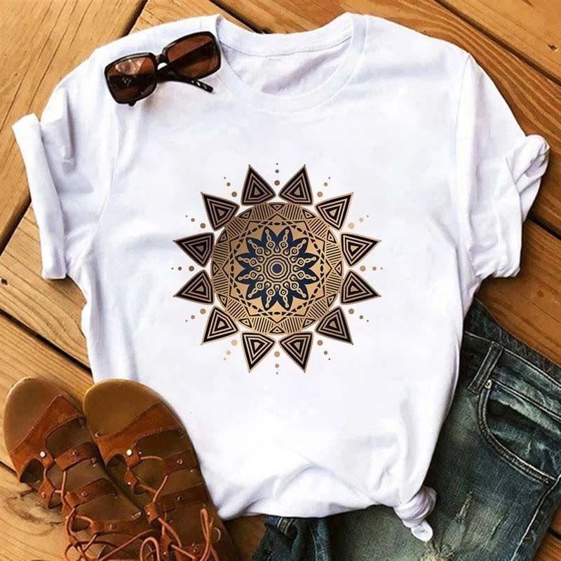 T-shirt blanc à imprimé géométrique coloré en coton Olivenorma