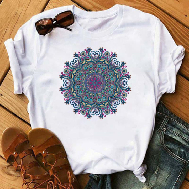 T-shirt blanc à imprimé géométrique coloré en coton Olivenorma