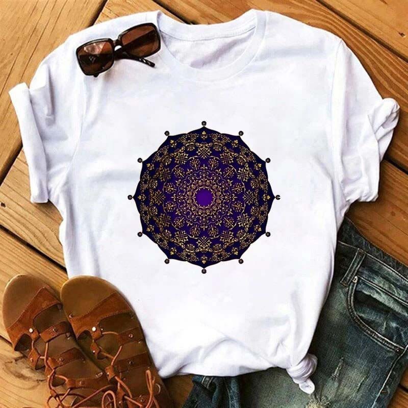 T-shirt blanc à imprimé géométrique coloré en coton Olivenorma