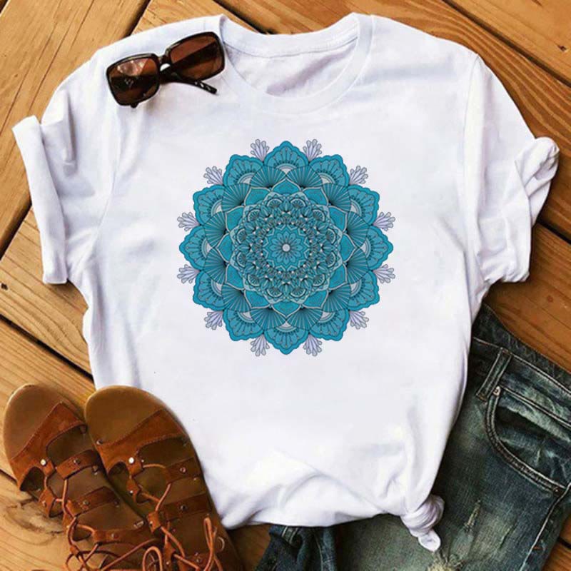 T-shirt blanc à imprimé géométrique coloré en coton Olivenorma - Lotus bleu - 2XL - image 0