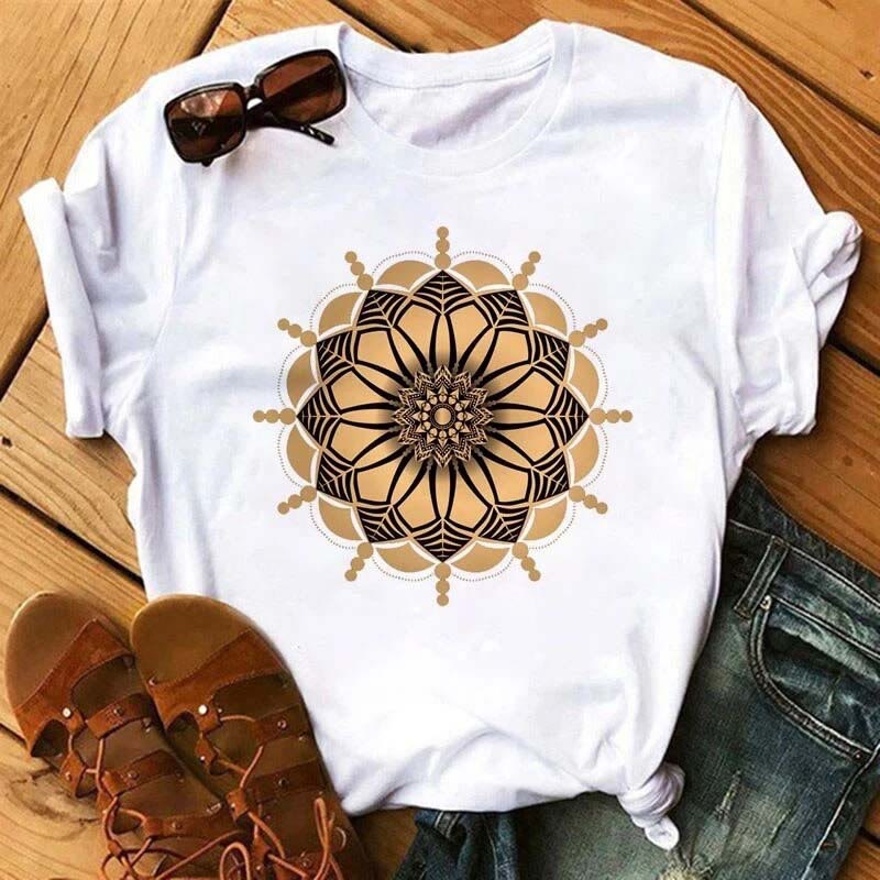 T-shirt blanc à imprimé géométrique coloré en coton Olivenorma
