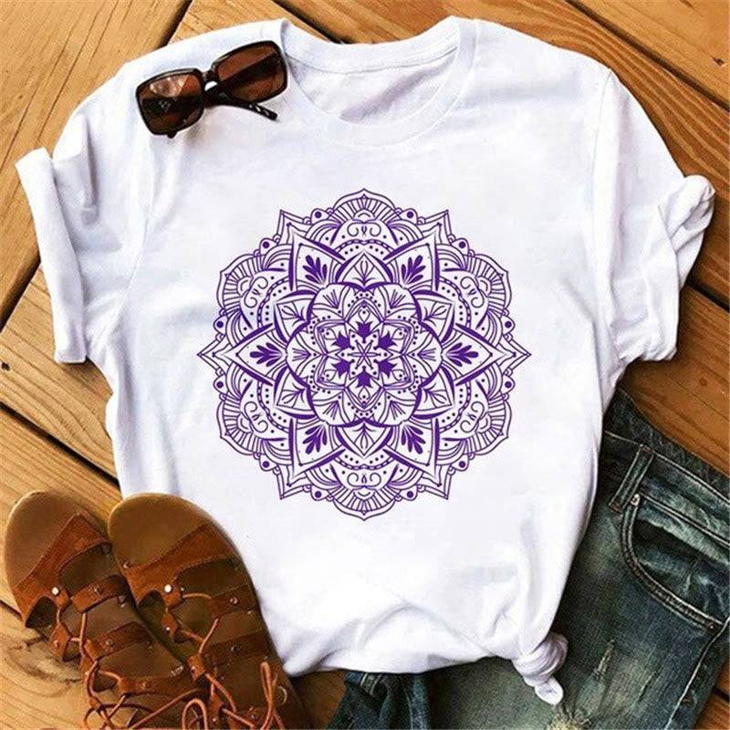 T-shirt blanc à imprimé géométrique coloré en coton Olivenorma - Lotus violet - 2XL - image 4
