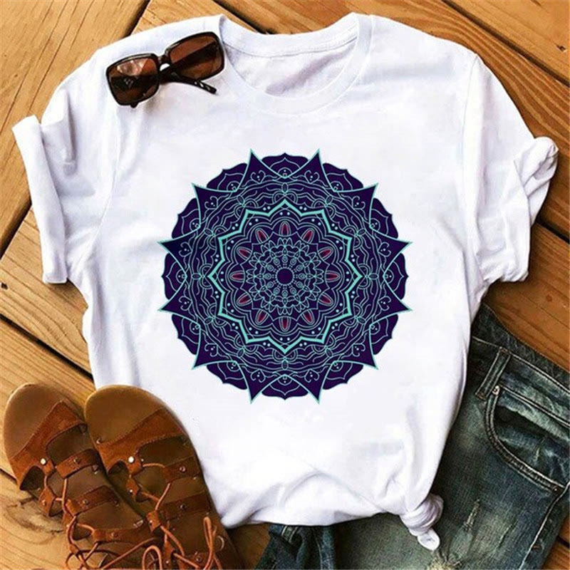 T-shirt blanc à imprimé géométrique coloré en coton Olivenorma - Lotus violet foncé - 2XL - image 3