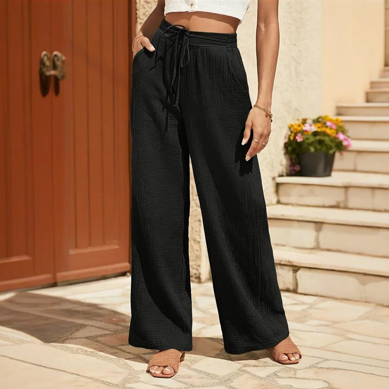 Pantalon d'été Olivenorma taille haute avec cordon de serrage pour femme, couleur unie, coupe ample - Noir - XXL - image 2