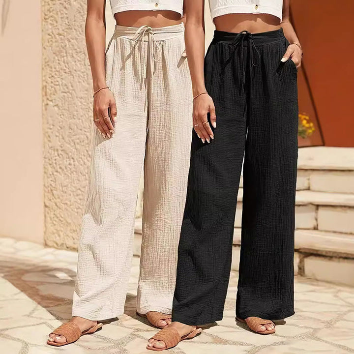 Pantalon d'été Olivenorma taille haute avec cordon de serrage pour femme, couleur unie, coupe ample - image 0