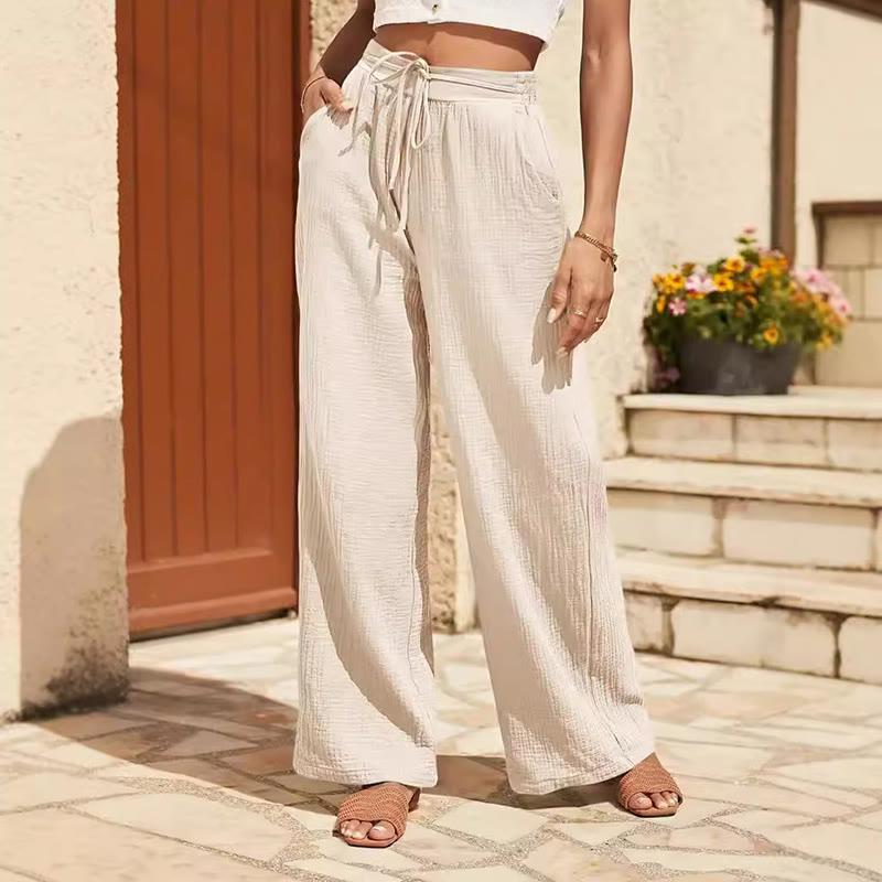 Pantalon d'été Olivenorma taille haute avec cordon de serrage pour femme, couleur unie, coupe ample - Beige - XXL - image 1