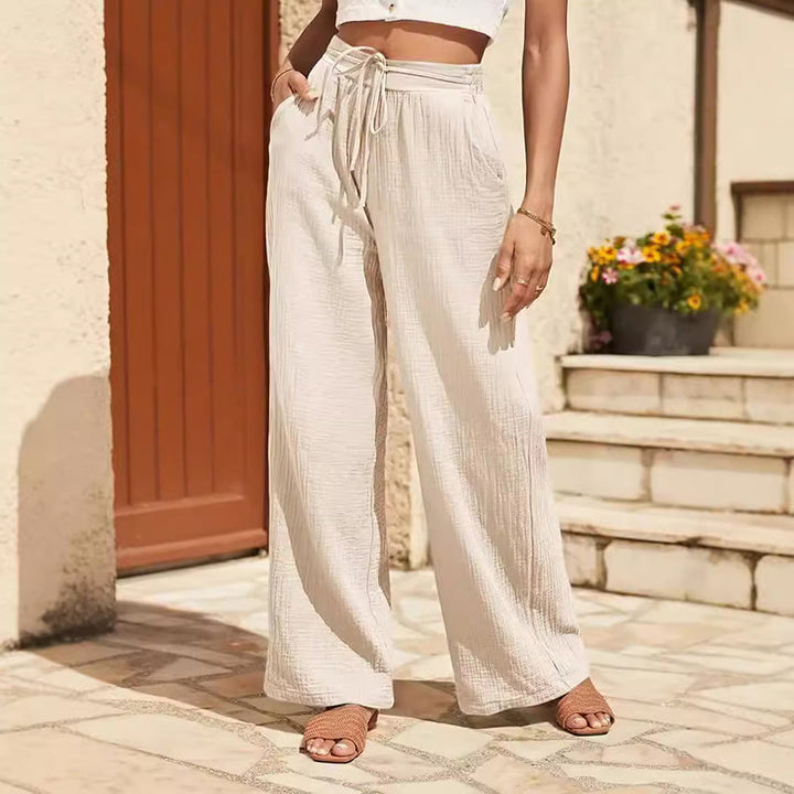Pantalon d'été Olivenorma taille haute avec cordon de serrage pour femme, couleur unie, coupe ample - Beige - XXL - image 1
