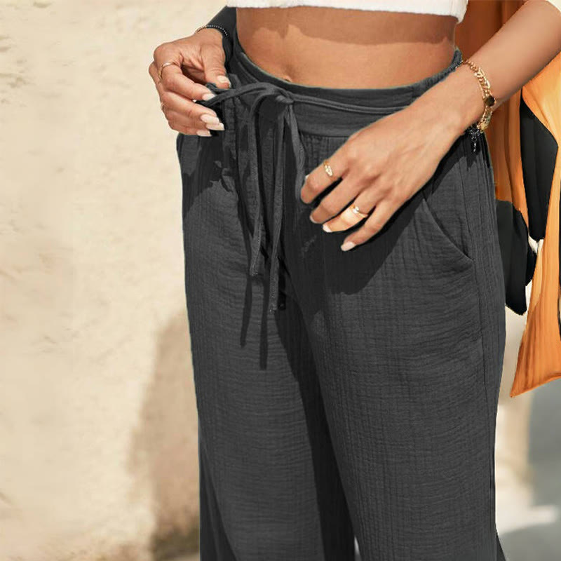 Pantalon ample taille moyenne élastique en lin uni Olivenorma pour femme avec poches - image 2