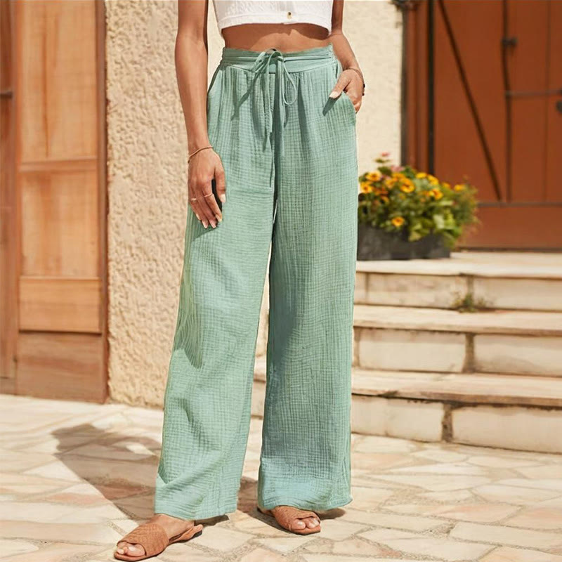 Pantalon ample taille moyenne élastique en lin uni Olivenorma pour femme avec poches - Vert - L - image 4