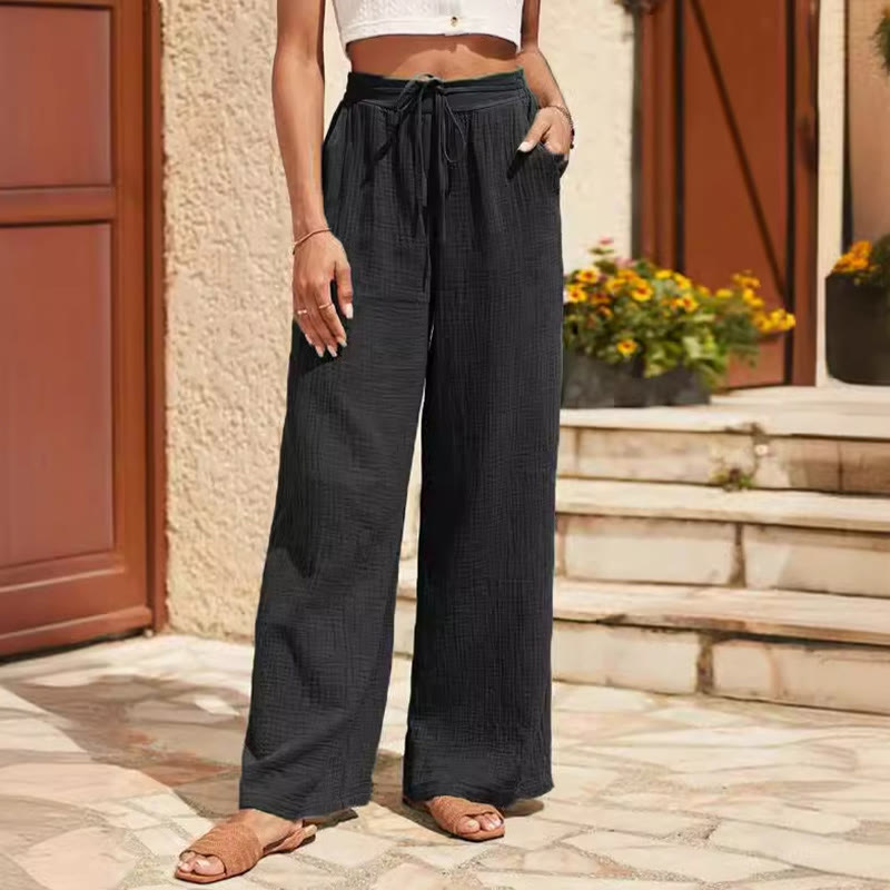 Pantalon ample taille moyenne élastique en lin uni Olivenorma pour femme avec poches - Noir - L - image 0