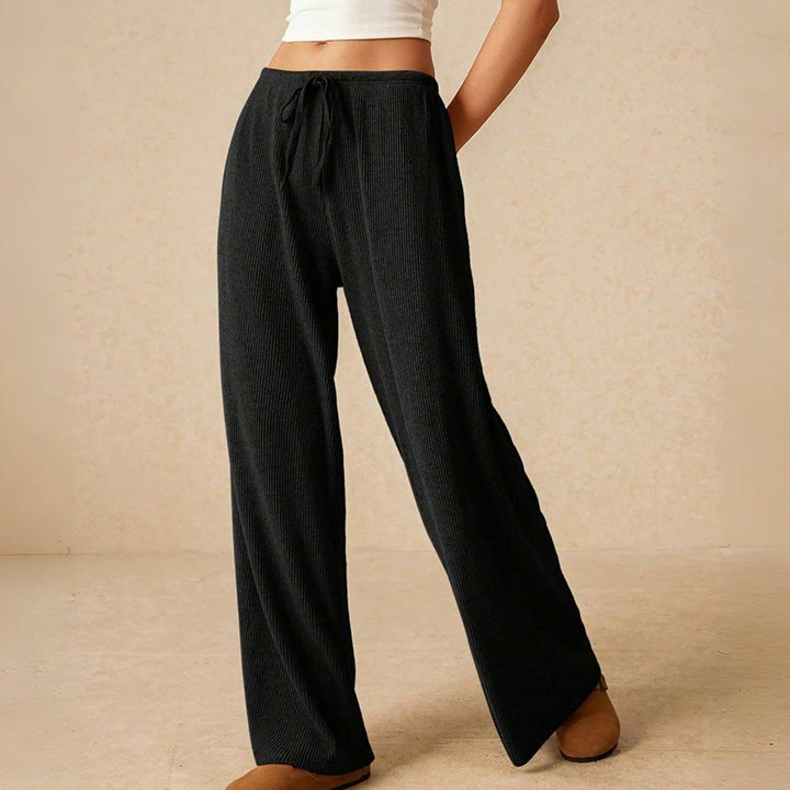 Pantalon droit taille haute décontracté Olivenorma uni pour femme, élastique à enfiler - Noir - L - image 16